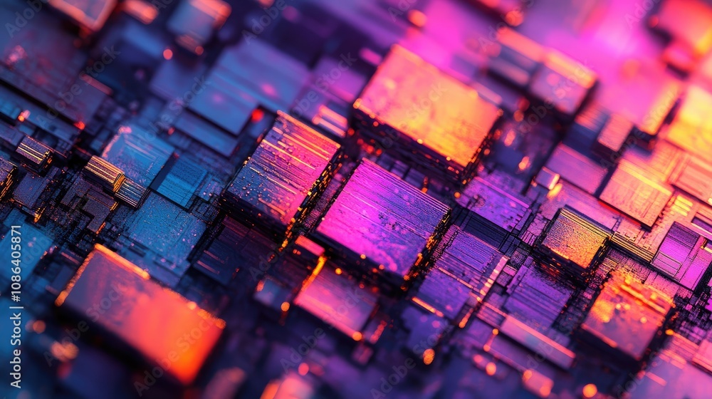 Poster abstract close-up of colorful microchips reflecting light patterns, showcasing intricate designs wit