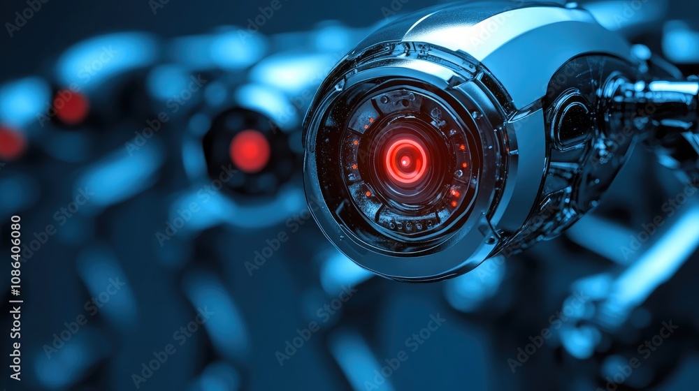 Poster futuristic surveillance robots with glowing red eyes in a dark environment capturing advanced techno