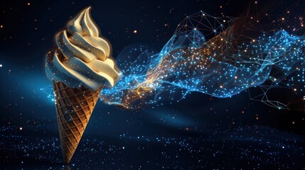 A swirl of vanilla soft serve ice cream in a waffle cone on a dark blue background with glowing abstract digital lines.