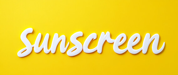 Word SUNSCREEN written with white cream strokes on vibrant yellow background. SPF smear text cut out. Summer, travel, skincare concept. 