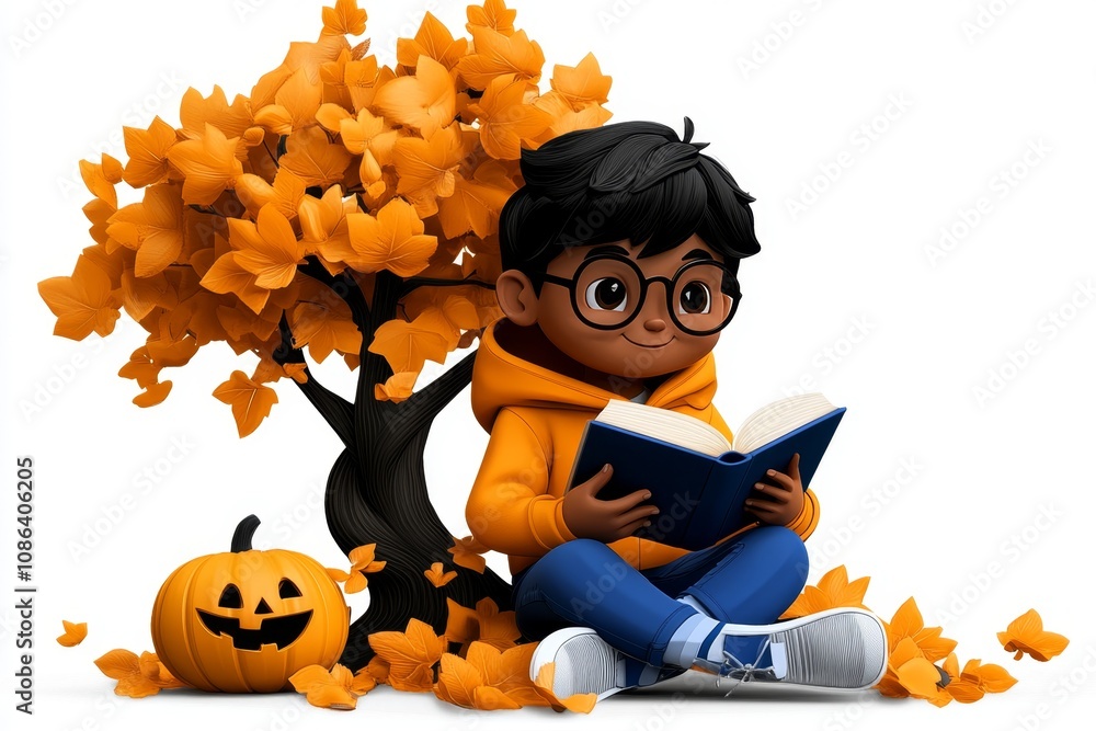 Poster simple 2d drawing of a young person reading a book under a tree, vibrant and playful on a white back