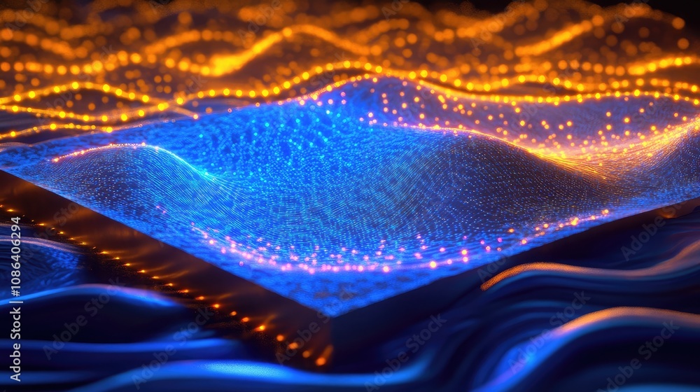 Poster abstract visualization of light waves and particles in blue and orange colors, representing energy f
