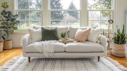 Fototapeta premium Cozy and Inviting Living Room with Modern Couch, Decorative Pillows, Houseplants, and Natural Light in a Serene Home Environment