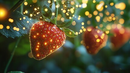 Strawberry DNA sequence, internal glowing helix, biotechnology visualization