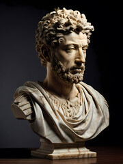 A stoic bust of Marcus Aurelius, sculpted from weathered marble with cracks and veins that hint at the passage of time, bathed in dramatic chiaroscuro lighting that accentuates