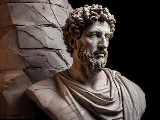 A stoic bust of Marcus Aurelius, sculpted from weathered marble with cracks and veins that hint at the passage of time, bathed in dramatic chiaroscuro lighting that accentuates