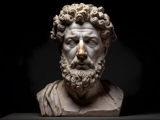 A stoic bust of Marcus Aurelius, sculpted from weathered marble with cracks and veins that hint at the passage of time, bathed in dramatic chiaroscuro lighting that accentuates