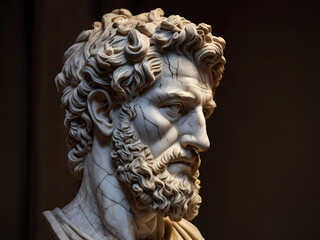 A stoic bust of Marcus Aurelius, sculpted from weathered marble with cracks and veins that hint at the passage of time, bathed in dramatic chiaroscuro lighting that accentuates