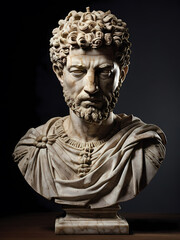 A stoic bust of Marcus Aurelius, sculpted from weathered marble with cracks and veins that hint at the passage of time, bathed in dramatic chiaroscuro lighting that accentuates