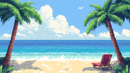 Scenic pixel art beach with palm trees and ocean view
