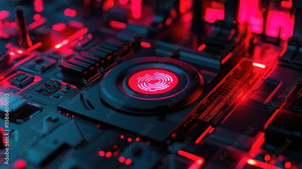Poster futuristic circuit board with vibrant red lighting, highlighting a central circular component in an 