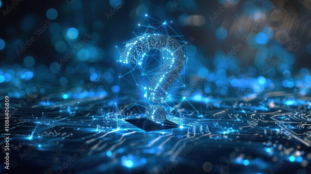 Poster a glowing blue question mark made of connected dots and lines stands on a black circuit board. the q