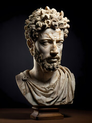 A stoic bust of Marcus Aurelius, sculpted from weathered marble with cracks and veins that hint at the passage of time, bathed in dramatic chiaroscuro lighting that accentuates