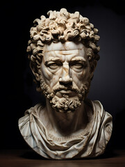 A stoic bust of Marcus Aurelius, sculpted from weathered marble with cracks and veins that hint at the passage of time, bathed in dramatic chiaroscuro lighting that accentuates