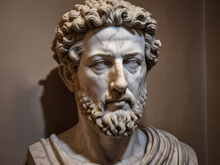 A stoic bust of Marcus Aurelius, sculpted from weathered marble with cracks and veins that hint at the passage of time, bathed in dramatic chiaroscuro lighting that accentuates