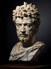A stoic bust of Marcus Aurelius, sculpted from weathered marble with cracks and veins that hint at the passage of time, bathed in dramatic chiaroscuro lighting that accentuates