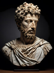 A stoic bust of Marcus Aurelius, sculpted from weathered marble with cracks and veins that hint at the passage of time, bathed in dramatic chiaroscuro lighting that accentuates