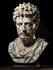 A stoic bust of Marcus Aurelius, sculpted from weathered marble with cracks and veins that hint at the passage of time, bathed in dramatic chiaroscuro lighting that accentuates