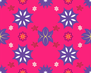 Bright floral pattern featuring purple and pink flowers on vibrant pink background, creating lively and cheerful atmosphere