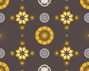 Floral pattern design featuring yellow and gray flowers on dark background, creating vibrant and modern aesthetic. Ideal for textiles and wallpapers