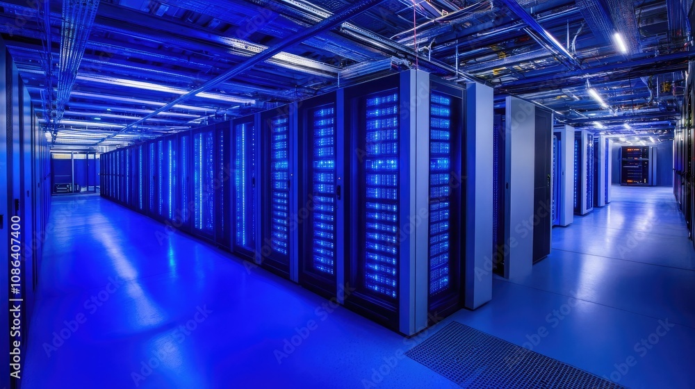 Poster modern data center interior with blue lighting showcasing rows of server racks and advanced technolo