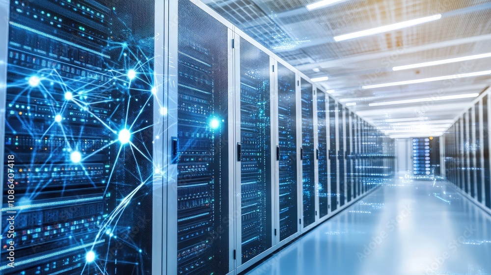 Aufkleber high-tech data center interior with server racks and digital connections illustrating modern network