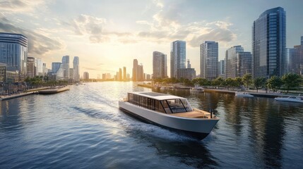 Fototapeta premium Elegant Modern Boat Sailing Through a Serene City River at Sunset with Contemporary Skyscrapers Reflecting Golden Light in the Background
