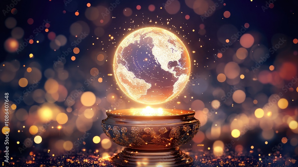 Aufkleber enchanted earth in a mystical bowl surrounded by glowing lights and bokeh effects, symbolizing unity