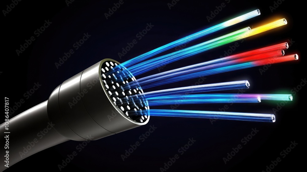 Poster close-up view of fiber optic cable with colorful light emitting from multiple strands, representing 