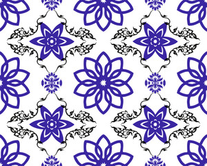 Floral pattern design featuring purple flowers and intricate black details. This vibrant and elegant design is perfect for textiles, wallpapers, and decorative art