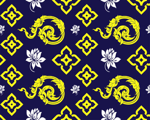 Vibrant yellow and white floral patterns on deep blue background create striking visual. intricate designs feature swirling motifs and lotus flowers, evoking sense of elegance and cultural richness