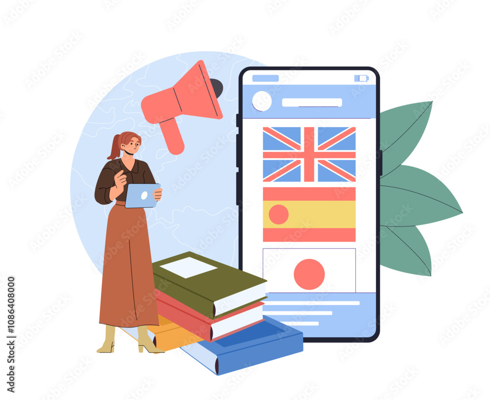 Poster online language learning. woman with tablet near stack of books and smartphone screen with different