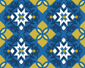 Colorful geometric pattern featuring stars and floral designs in blue and yellow tones, creating vibrant and artistic look