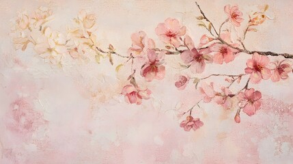 Delicate and tranquil image of a faint cherry blossom watermark on a pale pink background with soft floral details and petals softly emerging in the background