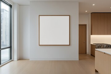 A large empty frame hangs on a white wall in a modern living room with wood floors and a glimpse of a kitchen with wood cabinets.