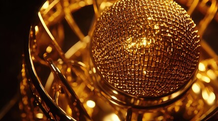 Obraz premium Stunning Close-Up of an Elegant Golden Sphere Surrounded by Intricate Metal Design, Highlighting the Luxurious Texture and Shine of the Material