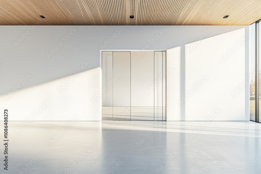 Poster minimalist empty room with large window and wooden ceiling.
