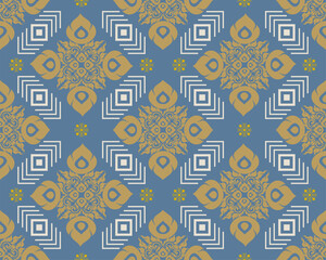 Intricate geometric pattern featuring floral and abstract designs in blue, gold, and white. This visually appealing textile design adds elegance to any space