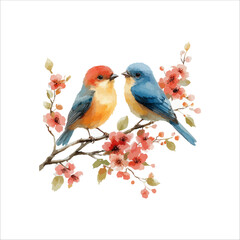 Watercolor lovebirds couple on a branch illustration. love Birds and heart watercolor vector.
