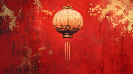 Delicate watermarked design of a traditional Chinese lantern set against a vibrant red background with gold accents,capturing the essence of the joyous New Year and cultural tradition.