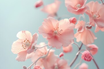 Delicate pink flowers bloom against a soft blue sky.