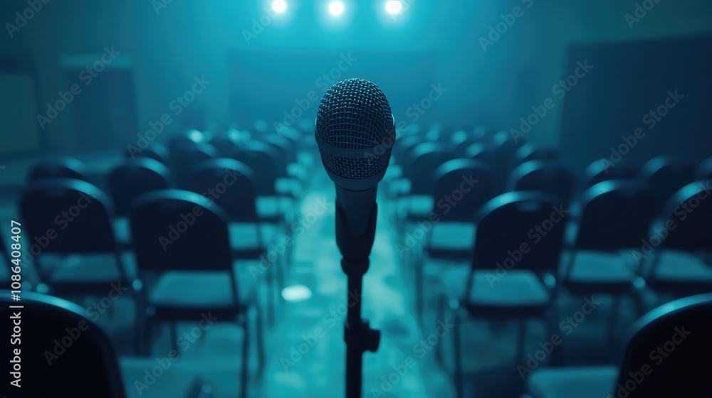 Poster close-up of a microphone in an empty auditorium with soft blue lighting, set for an event or present