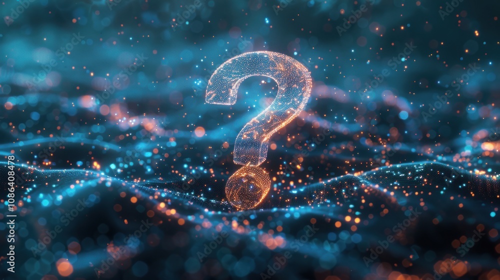Poster a glowing question mark in the form of particles stands out against a dark background of blue and or