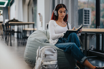 A focused high school student listens to music while studying in a modern library lounge. She is seated comfortably in a beanbag chair, surrounded by a calm and conducive learning environment.
