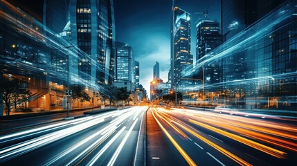 Naklejka premium A vibrant cityscape at night with dynamic light trails from vehicles on a bustling street.