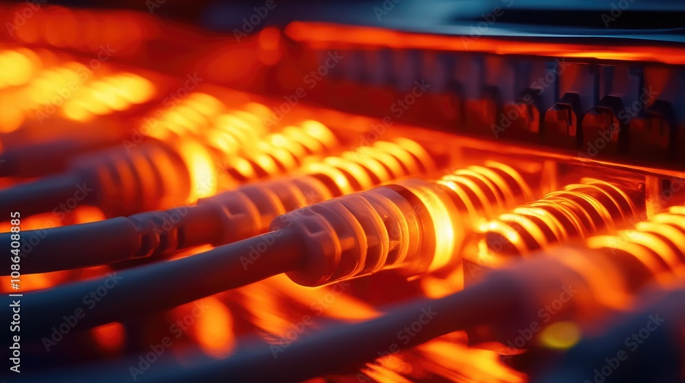 Aufkleber illuminated network cables with orange glow focused on data transmission and connectivity inside a m