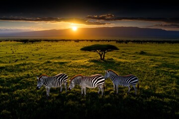 Zebras surrounded by a flock of birds in the early morning light, calm and peaceful scene