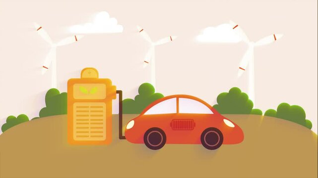 2d cartoon style animated of an electric car being charged. Eco-friendly and sustainable Transportation. Renewable energy, green energy, ecology, nature and technology concepts. 4k