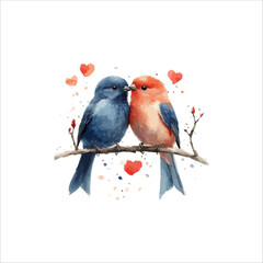 Watercolor lovebirds couple on a branch illustration. love Birds and heart watercolor vector.  © Aklima