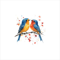 Watercolor lovebirds couple on a branch illustration. love Birds and heart watercolor vector.  © Aklima